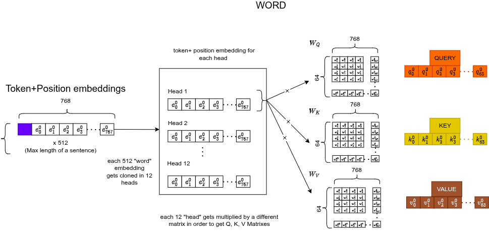 Singolo token moltiplicato per le matrici di peso W_Q, W_K, W_V → tre vettori a 64-d